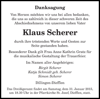 Todesanzeige von Klaus Scherer von saarbruecker_zeitung