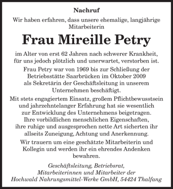 Todesanzeige von Mireille Petry von SAARBRÜCKER ZEITUNG