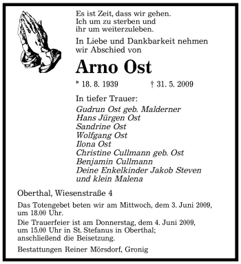 Todesanzeige von Arno Ost von SAARBRÜCKER ZEITUNG