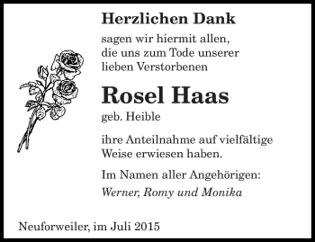 Todesanzeige von Rosel Haas von saarbruecker_zeitung
