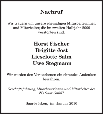 Todesanzeige von Horst Fischer von SAARBRÜCKER ZEITUNG