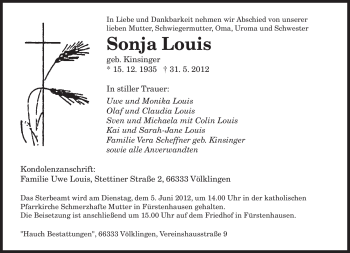 Todesanzeige von Sonja Louis von SAARBRÜCKER ZEITUNG