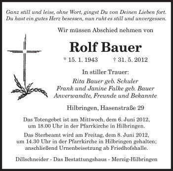 Todesanzeige von Rolf Bauer von SAARBRÜCKER ZEITUNG