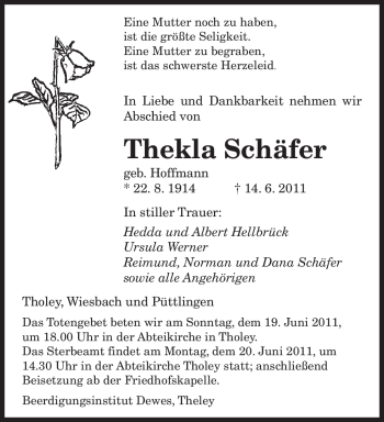 Todesanzeige von Thekla Schäfer von SAARBRÜCKER ZEITUNG