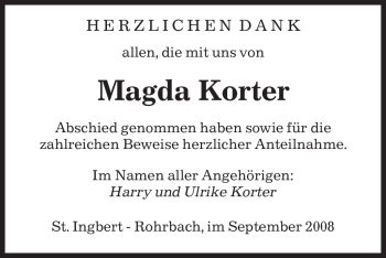 Todesanzeige von Magda Korter von SAARBRÜCKER ZEITUNG