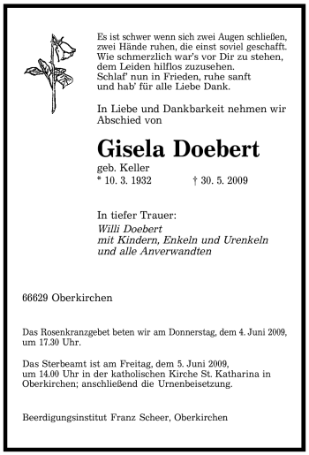 Todesanzeige von Gisela Doebert von SAARBRÜCKER ZEITUNG
