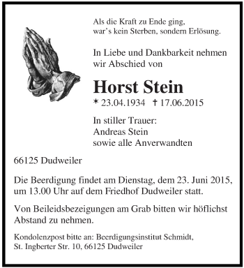 Todesanzeige von Horst Stein von saarbruecker_zeitung