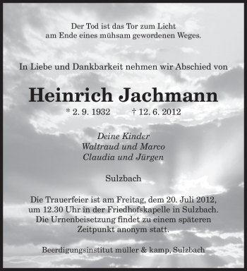 Todesanzeige von Heinrich Jachmann von SAARBRÜCKER ZEITUNG