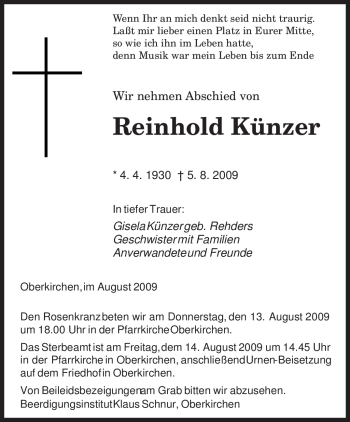 Todesanzeige von Reinhold Künzer von SAARBRÜCKER ZEITUNG