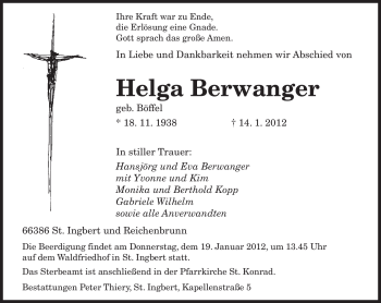 Todesanzeige von Helga Berwanger von SAARBRÜCKER ZEITUNG