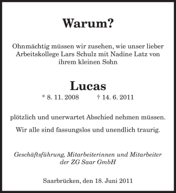 Todesanzeige von Lucas Unbekannt von SAARBRÜCKER ZEITUNG