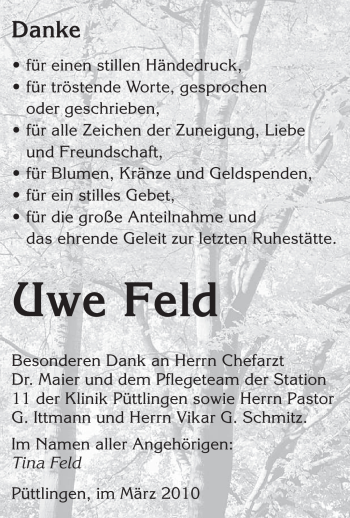 Todesanzeige von Uwe Feld von SAARBRÜCKER ZEITUNG