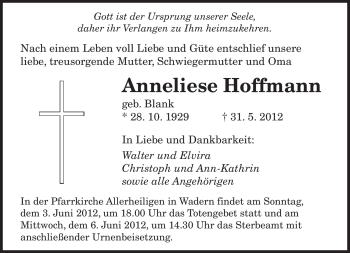 Todesanzeige von Anneliese Hoffmann von SAARBRÜCKER ZEITUNG