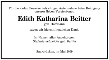 Todesanzeige von Edith Katharina Beitter von SAARBRÜCKER ZEITUNG