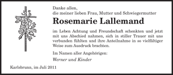 Todesanzeige von Rosemarie Lallemand von SAARBRÜCKER ZEITUNG