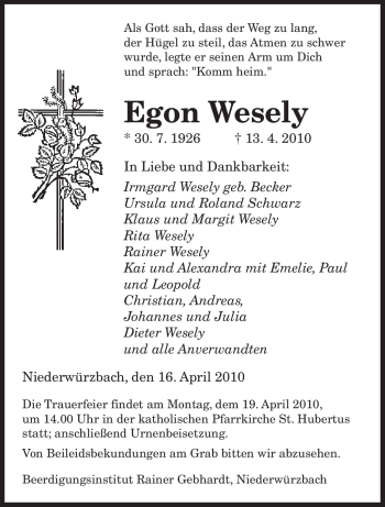 Todesanzeige von Egon Wesely von SAARBRÜCKER ZEITUNG