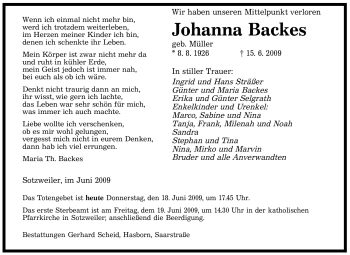 Todesanzeige von Johanna Backes von SAARBRÜCKER ZEITUNG