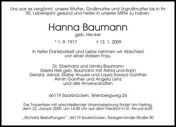 Todesanzeige von Hanna Baumann von SAARBRÜCKER ZEITUNG