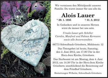 Todesanzeige von Alois Lauer von SAARBRÜCKER ZEITUNG
