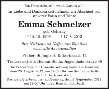 Todesanzeige von Emma Schmelzer von SAARBRÜCKER ZEITUNG