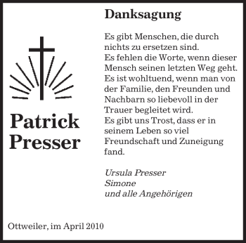 Todesanzeige von Patrick Presser von SAARBRÜCKER ZEITUNG
