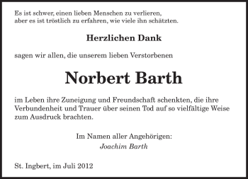 Todesanzeige von Norbert Barth von SAARBRÜCKER ZEITUNG