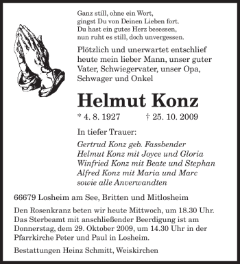 Todesanzeige von Helmut Konz von SAARBRÜCKER ZEITUNG