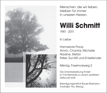 Todesanzeige von Willi Schmitt von SAARBRÜCKER ZEITUNG