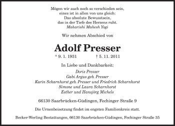 Todesanzeige von Adolf Presser von SAARBRÜCKER ZEITUNG