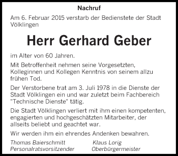 Todesanzeige von Gerhard Geber von saarbruecker_zeitung