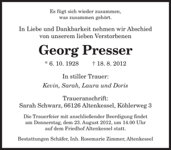 Todesanzeige von Georg Presser von SAARBRÜCKER ZEITUNG