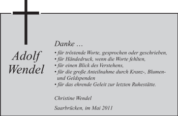 Todesanzeige von Adolf Wendel von SAARBRÜCKER ZEITUNG