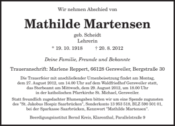 Todesanzeige von Mathilde Martensen von SAARBRÜCKER ZEITUNG