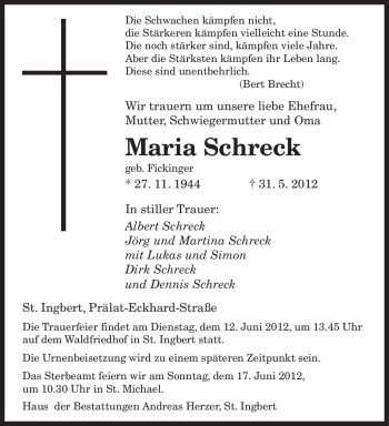 Todesanzeige von Maria Schreck von SAARBRÜCKER ZEITUNG