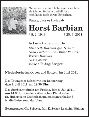 Todesanzeige von Horst Barbian von SAARBRÜCKER ZEITUNG