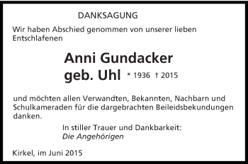 Todesanzeige von Anni  Gundacker von saarbruecker_zeitung