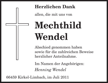 Todesanzeige von Mechthild Wendel von SAARBRÜCKER ZEITUNG
