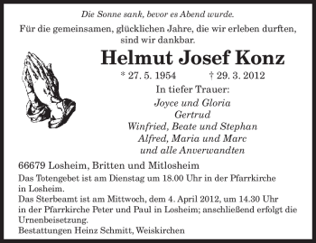 Todesanzeige von Helmut Josef Konz von SAARBRÜCKER ZEITUNG