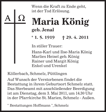 Todesanzeige von Maria König von SAARBRÜCKER ZEITUNG