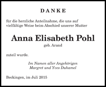 Todesanzeige von Anna Elisabeth Pohl von saarbruecker_zeitung