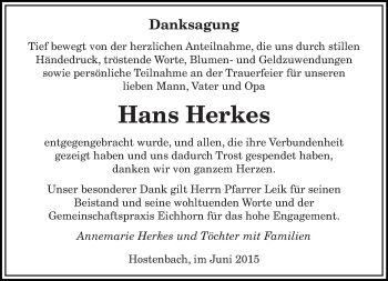 Todesanzeige von Hans Herkes von saarbruecker_zeitung