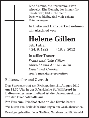 Todesanzeige von Helene Gillen von saarbruecker_zeitung