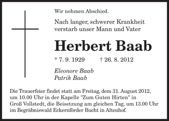 Todesanzeige von Herbert Baab von saarbruecker_zeitung