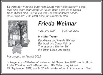 Todesanzeige von Frieda Weimar von saarbruecker_zeitung