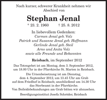 Todesanzeige von Stephan Jenal von saarbruecker_zeitung