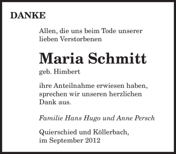 Todesanzeige von Maria Schmitt von saarbruecker_zeitung
