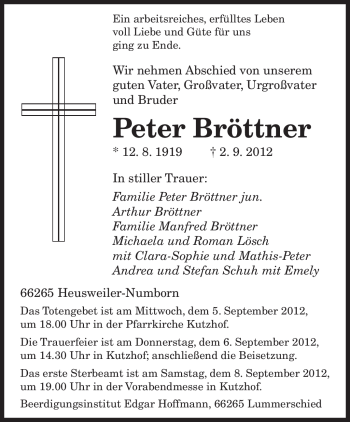 Todesanzeige von Peter Bröttner von saarbruecker_zeitung