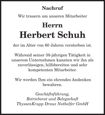 Todesanzeige von Herbert Schuh von SAARBRÜCKER ZEITUNG