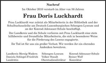 Todesanzeige von Doris Luckhardt von SAARBRÜCKER ZEITUNG