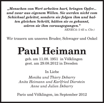 Todesanzeige von Paul Heimann von saarbruecker_zeitung